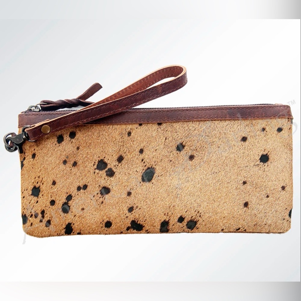 Leather Haircalf Wristlet Clutch in Brown Speckle